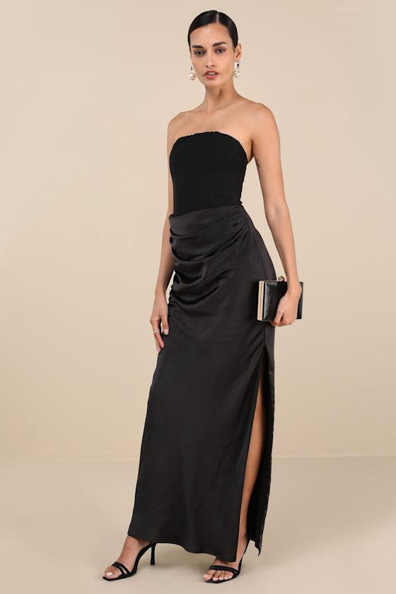 Mella Black Mixed Media Strapless Maxi Dress Product Image