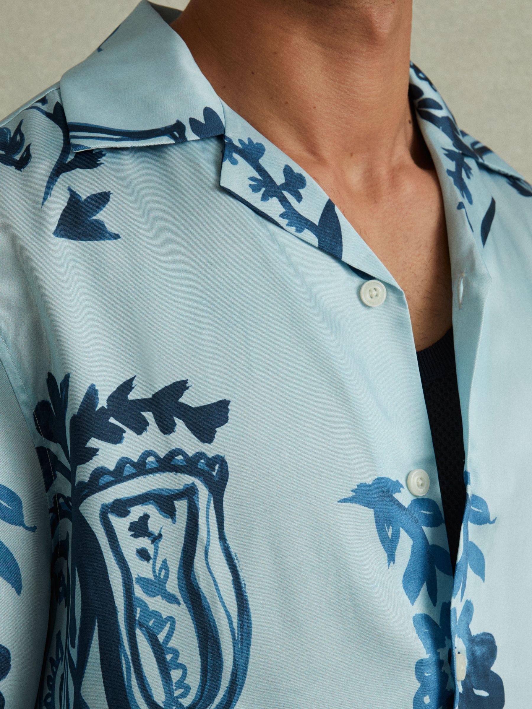 Relaxed Floral Print Cuban Collar Shirt in Soft Blue/Airforce Blue Product Image
