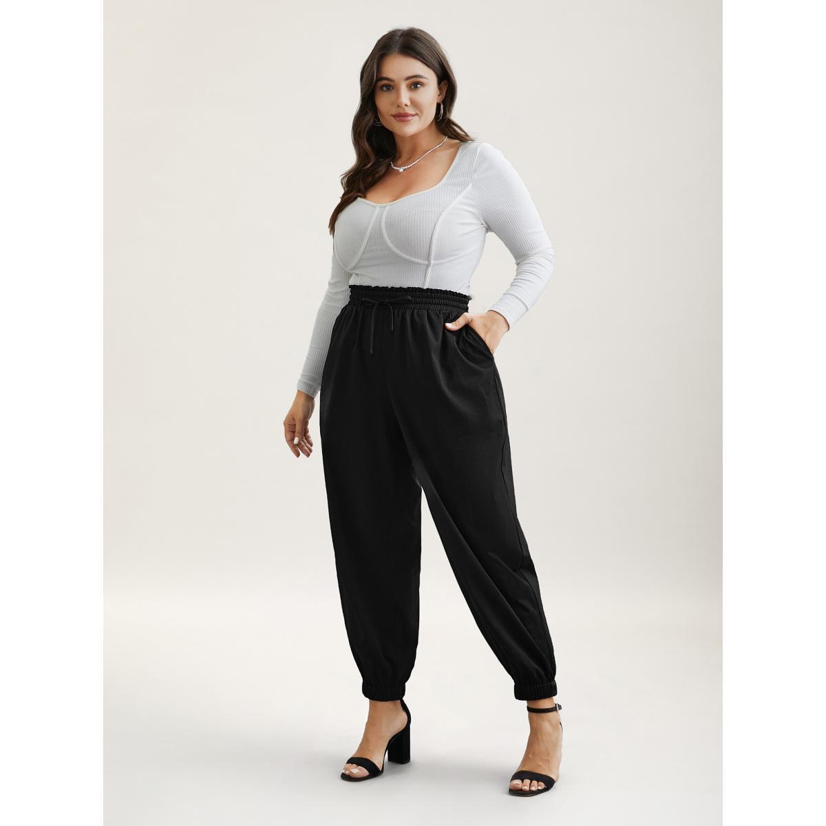 Plus Size Ruffled Waist Drawstring Tapered Pants Women Black Casual Mid Rise Everyday Pants BloomChic 14-16/1X Product Image