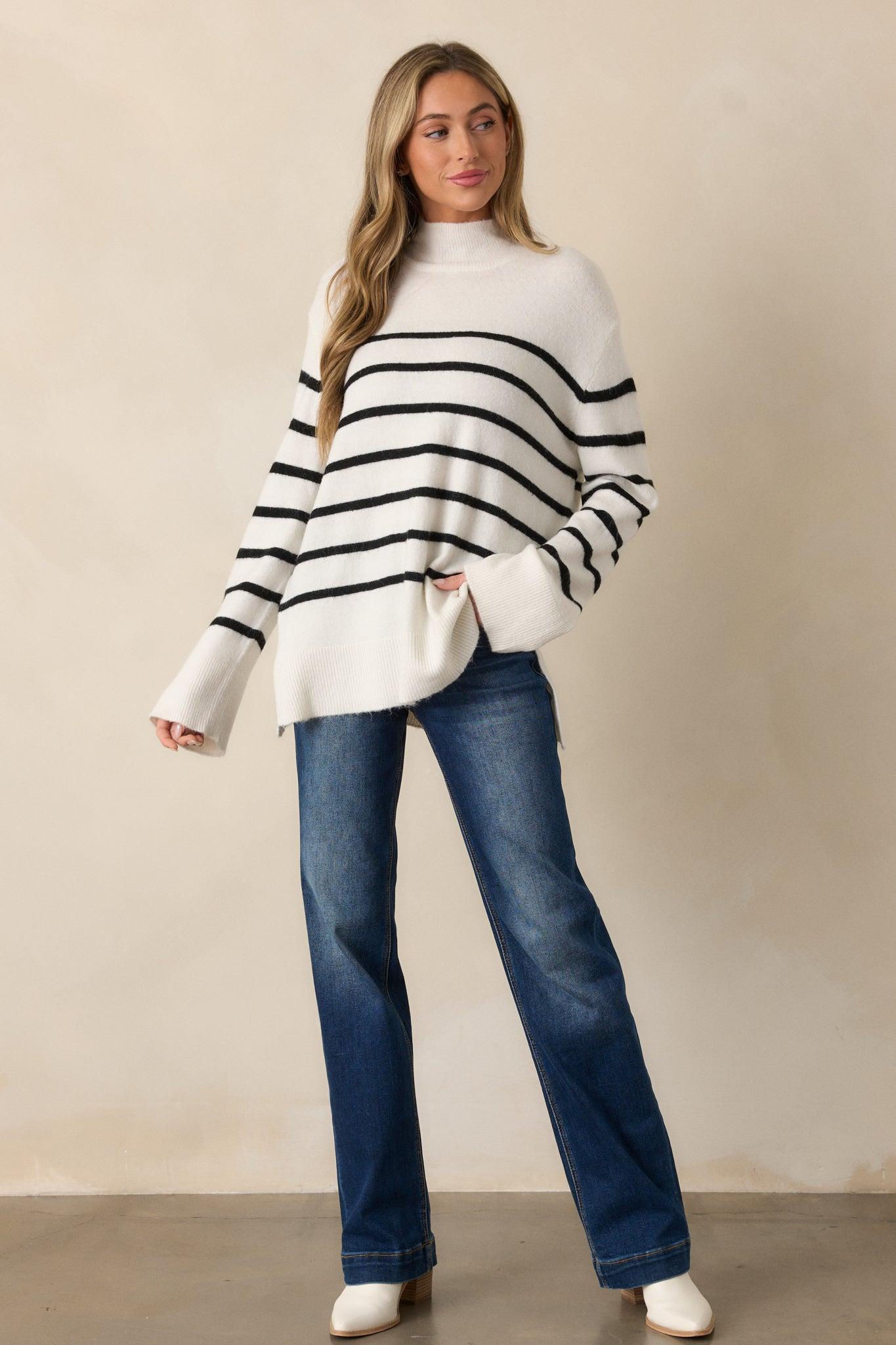 Z Supply Fin Sea Salt Ivory Stripe Turtleneck Sweater Product Image