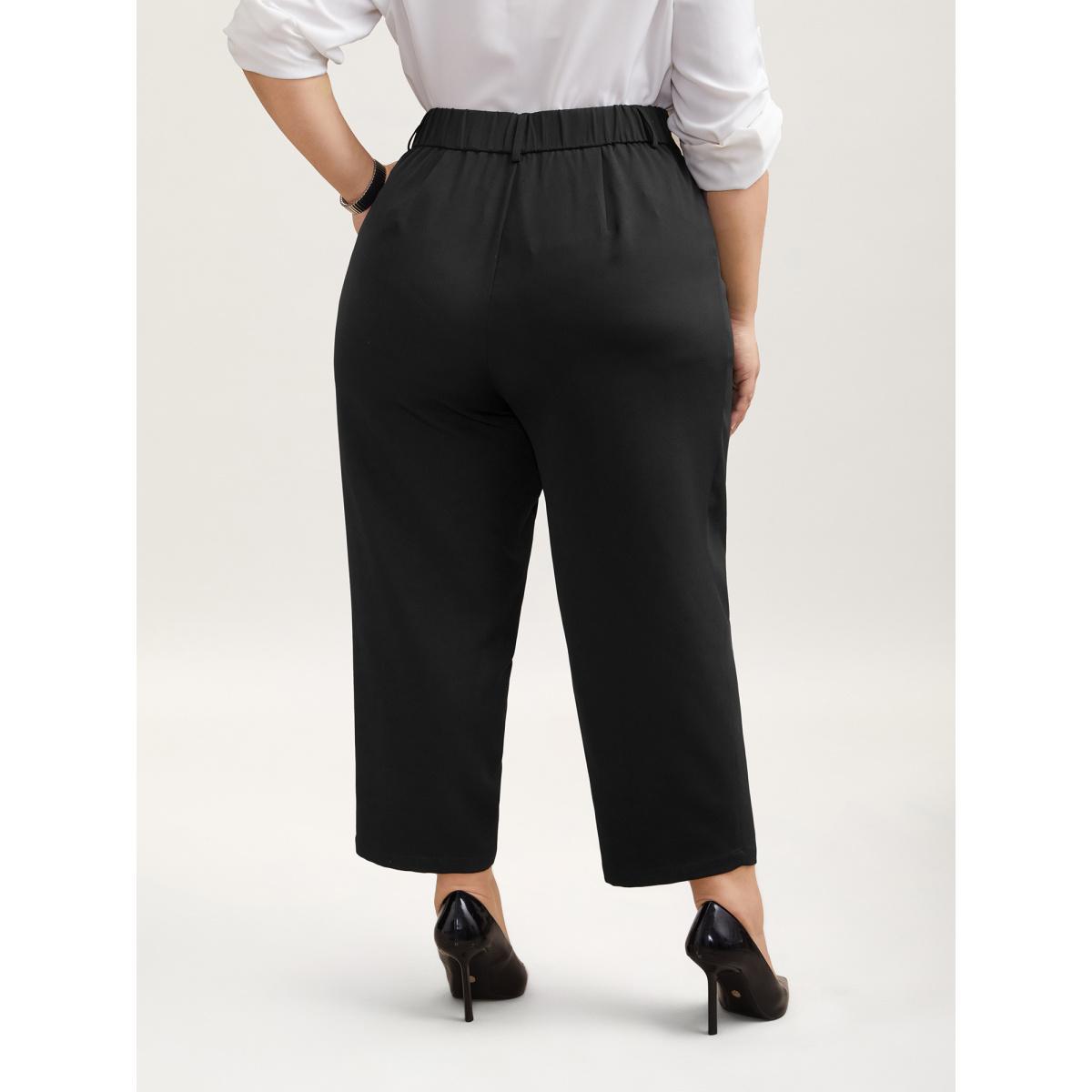 Plus Size Pleated Loop Straight-Leg Pants Women Black At the Office Straight Leg Mid Rise Work Pants BloomChic 26/4X Product Image