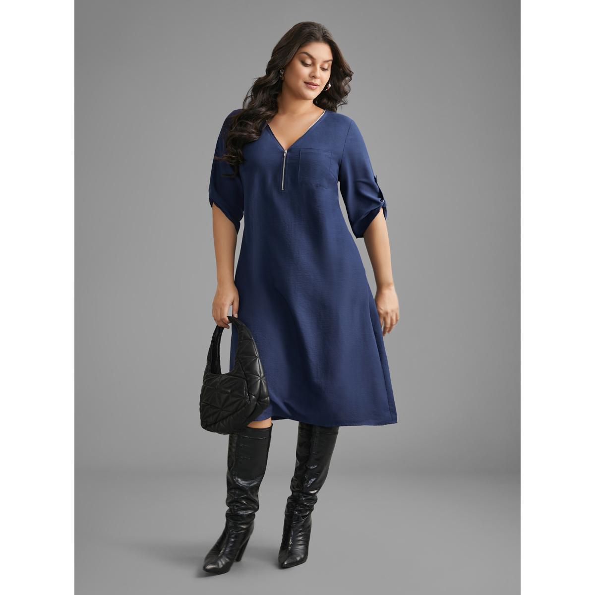 Plus Size Solid Half Zip Tab Sleeve Dress Navy Women At the Office Non V-neck Elbow-length sleeve Curvy BloomChic 30/6X Product Image