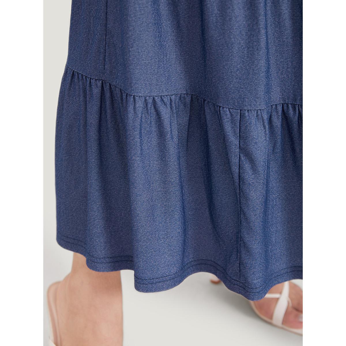 Plus Size Plain Ties Gathered Ruffle Layered Hem Skirt Women Indigo Elegant Plain No stretch Pocket Dailywear Skirts BloomChic 26/4X Product Image