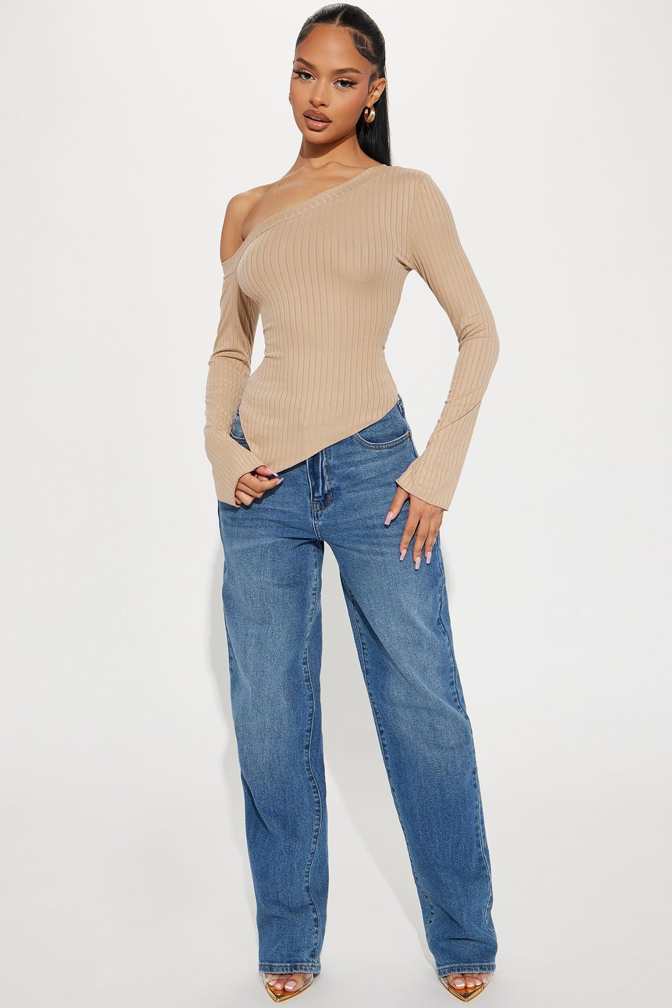 Too Good One Shoulder Top - Taupe Product Image
