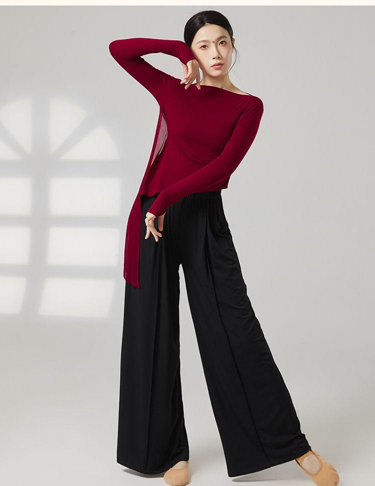 Long-Sleeve Boat Neck Plain Thumbhole Asymmetrical Dance Top / Elbow-Sleeve Dance Top Product Image