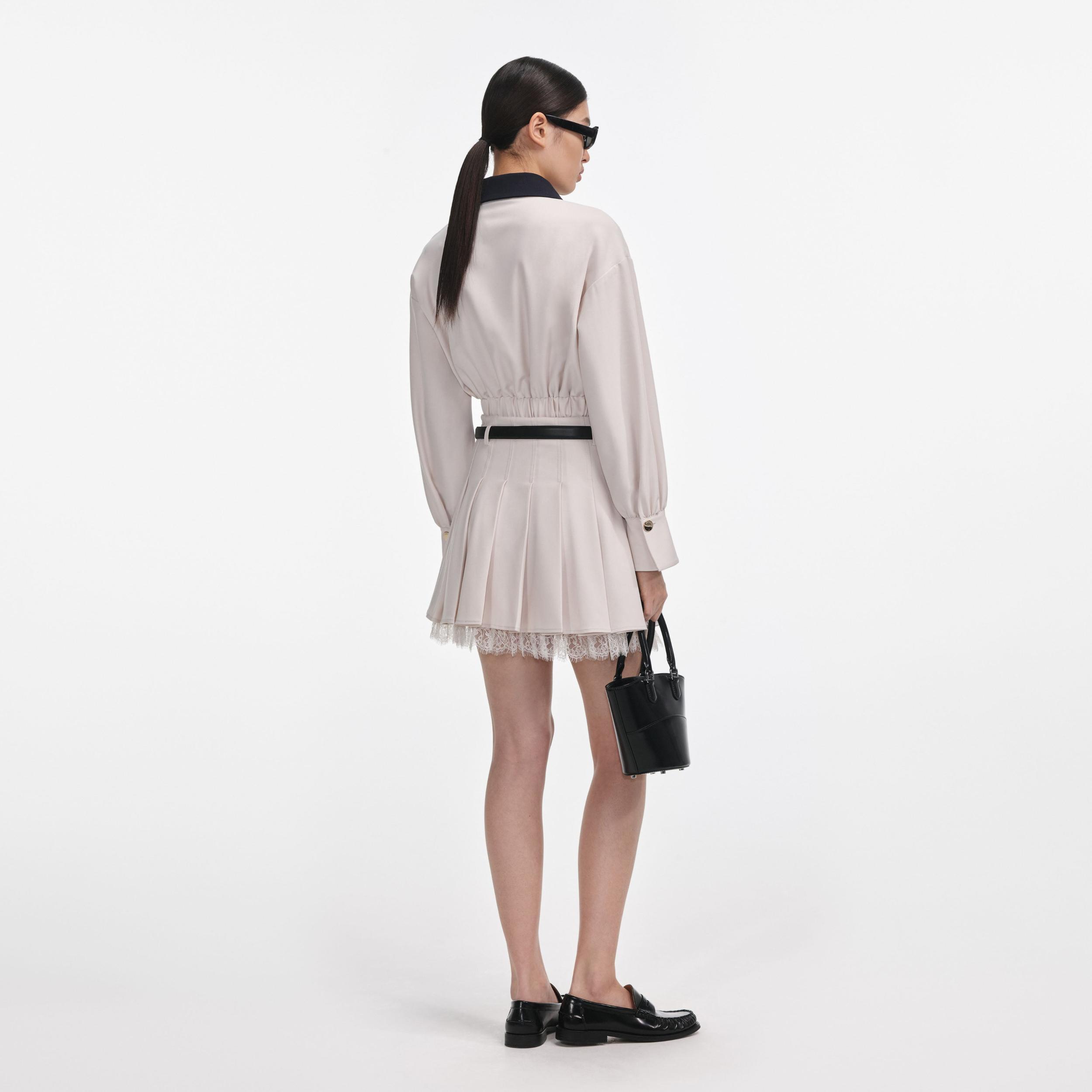 Cream Twill Pleated Mini Skirt Product Image