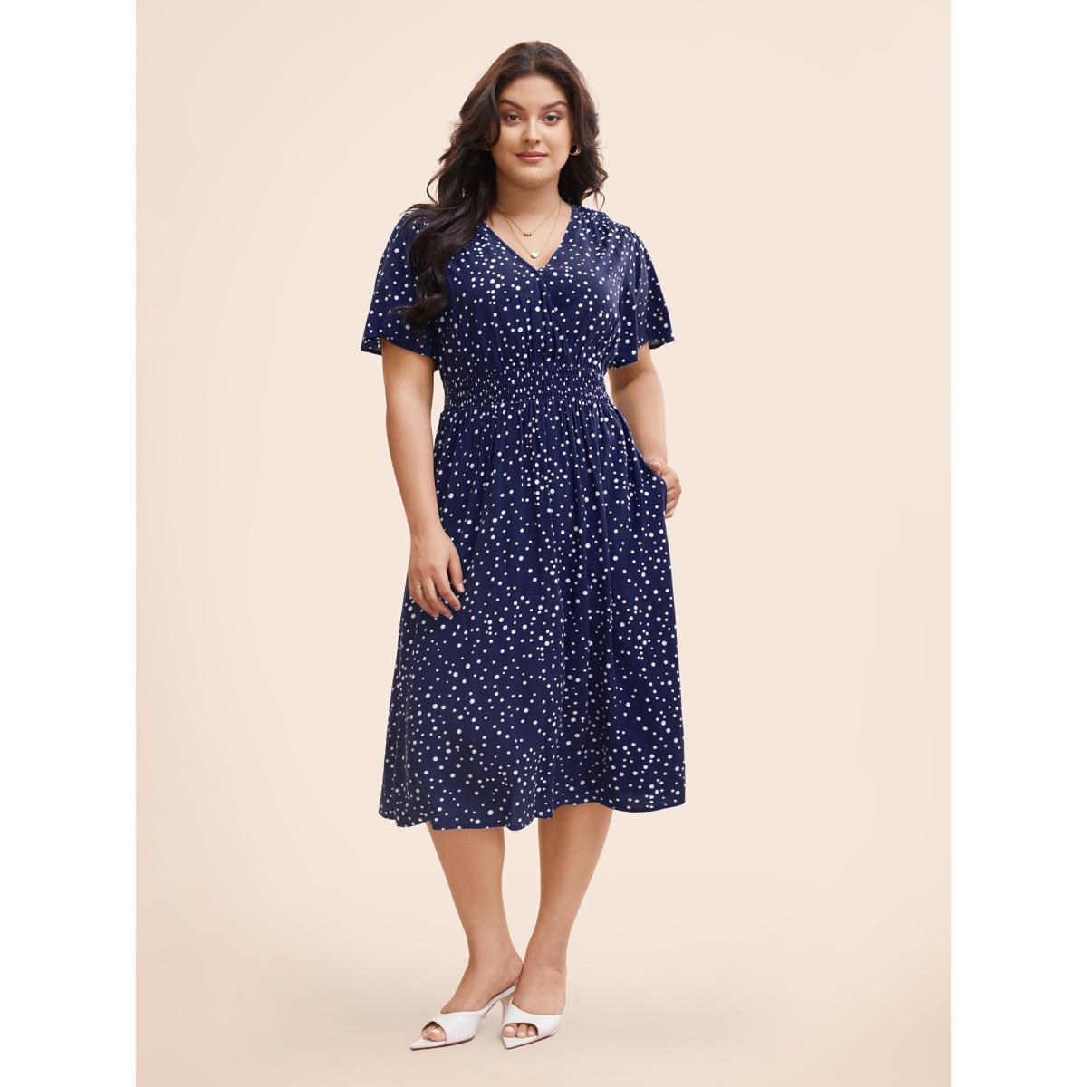 Plus Size Polka Dot Wrap Pocket Shirred Ruffle Sleeve Dress Black Women Elegant Patchwork Curvy Midi Dress BloomChic 12/L Product Image