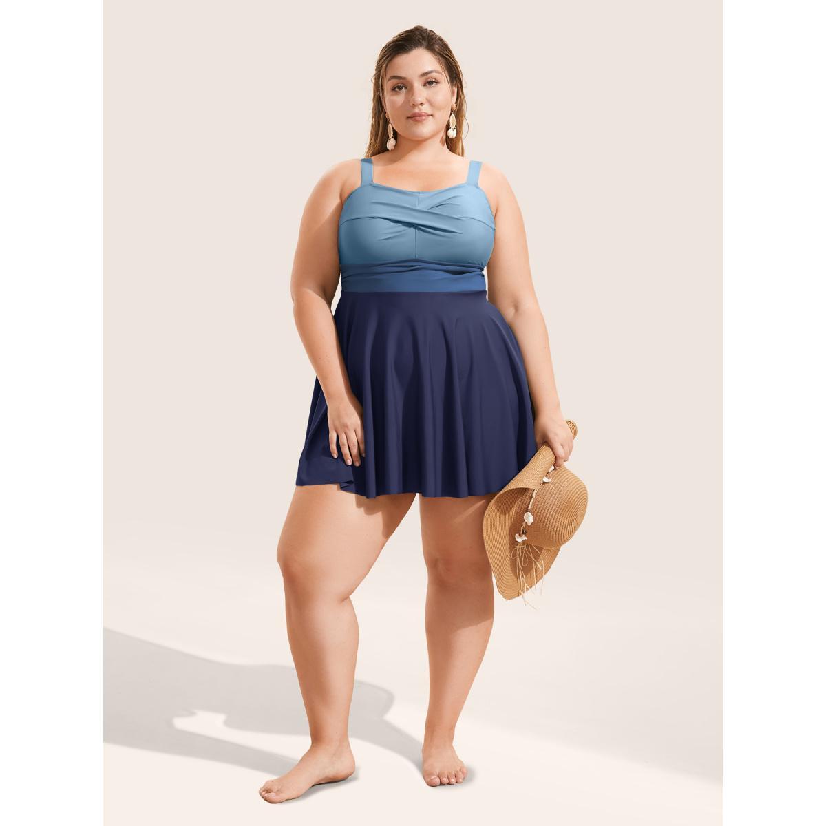 Plus Size Twist Front Patchwork Adjustable Straps Swim Dress Women's Swimwear Navy Beach Bodycon Heart neckline High stretch Curve Swim Dresses BloomChic 14-16/1X Product Image