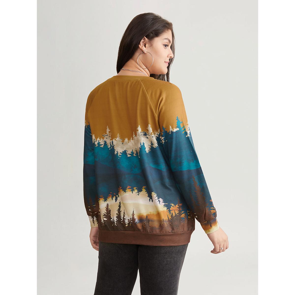 Plus Size Forest Ombre Crew Neck Raglan Sleeve Sweatshirt Women Bronze Casual Printed Round Neck Dailywear Sweatshirts BloomChic 22-24/3X Product Image