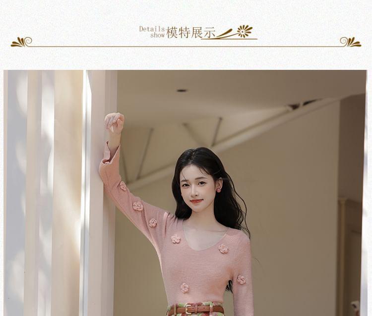 Set: Long-Sleeve V-Neck Plain Top + High Waist Plaid Midi Skirt Product Image