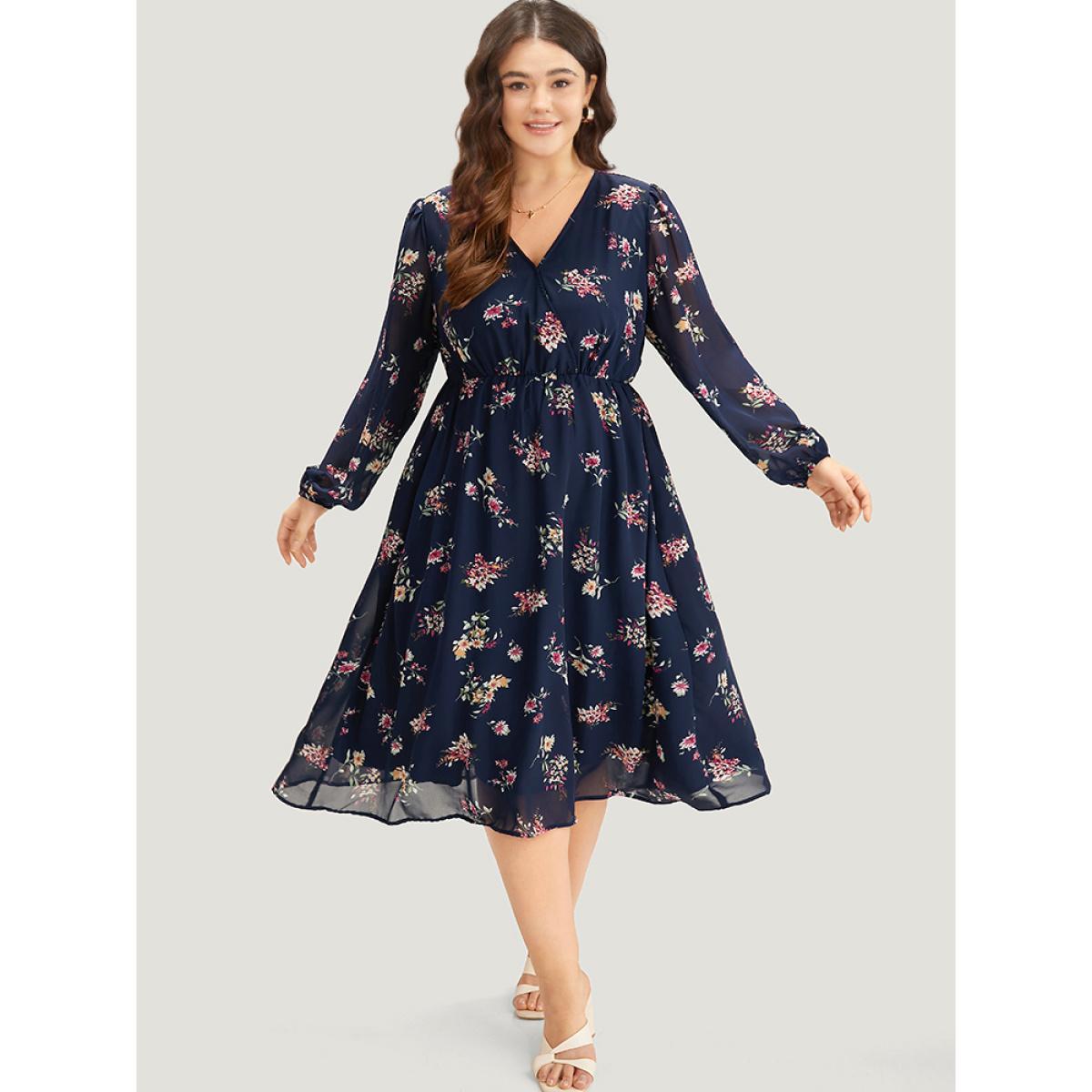 Plus Size Floral Print Surplice Neck Lantern Sleeve Mesh Dress DarkBlue Women Elegant Elastic cuffs V-neck Long Sleeve Curvy Midi Dress BloomChic 30/6X Product Image