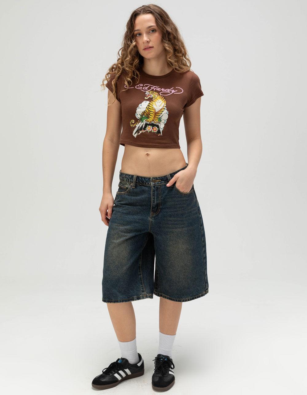 ED HARDY Rhinestone Tiger Womens Baby Tee - BROWN Product Image