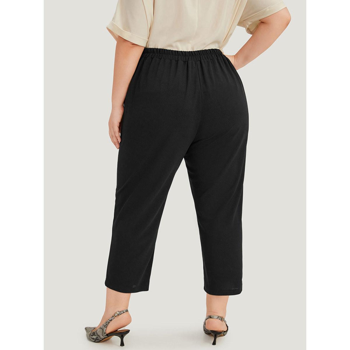 Plus Size Solid Elastic Waist Pocket Button Detail Pants Women Black Office High Rise Work Pants BloomChic 10/M Product Image