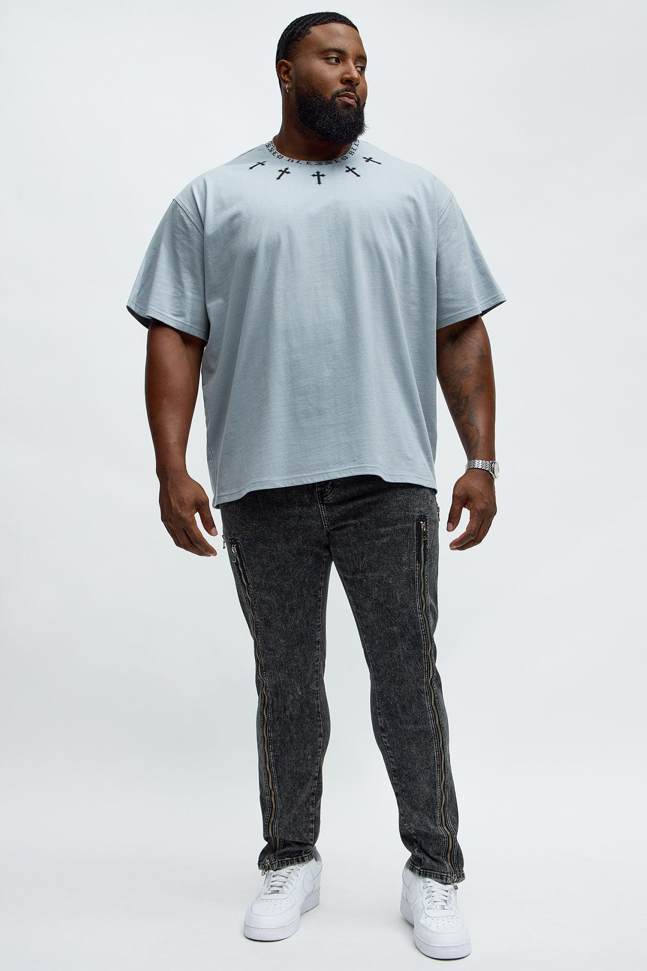 Short Sleeve Blessed Graphic Collar Tee - Grey Product Image