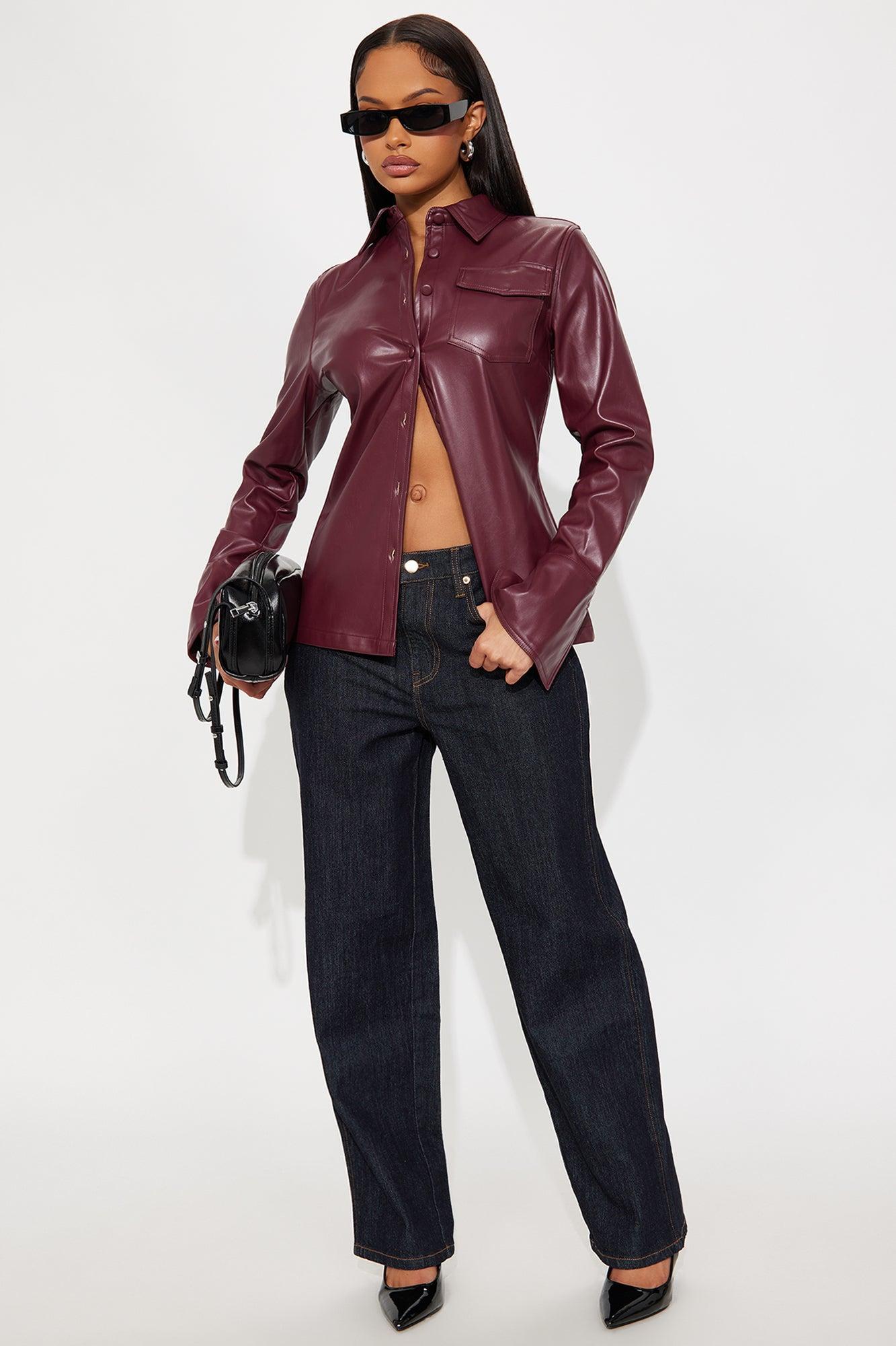 Show Time Faux Leather Shirt - Burgundy Product Image