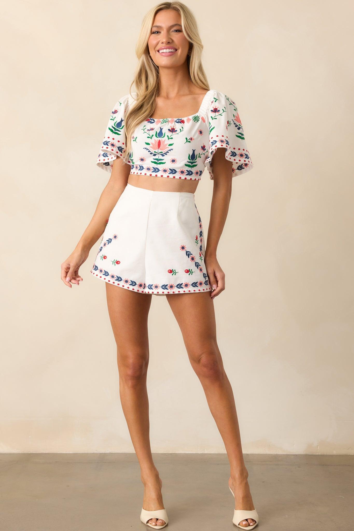 This Is The Good Part Ivory Floral Embroidered Crop Top Product Image