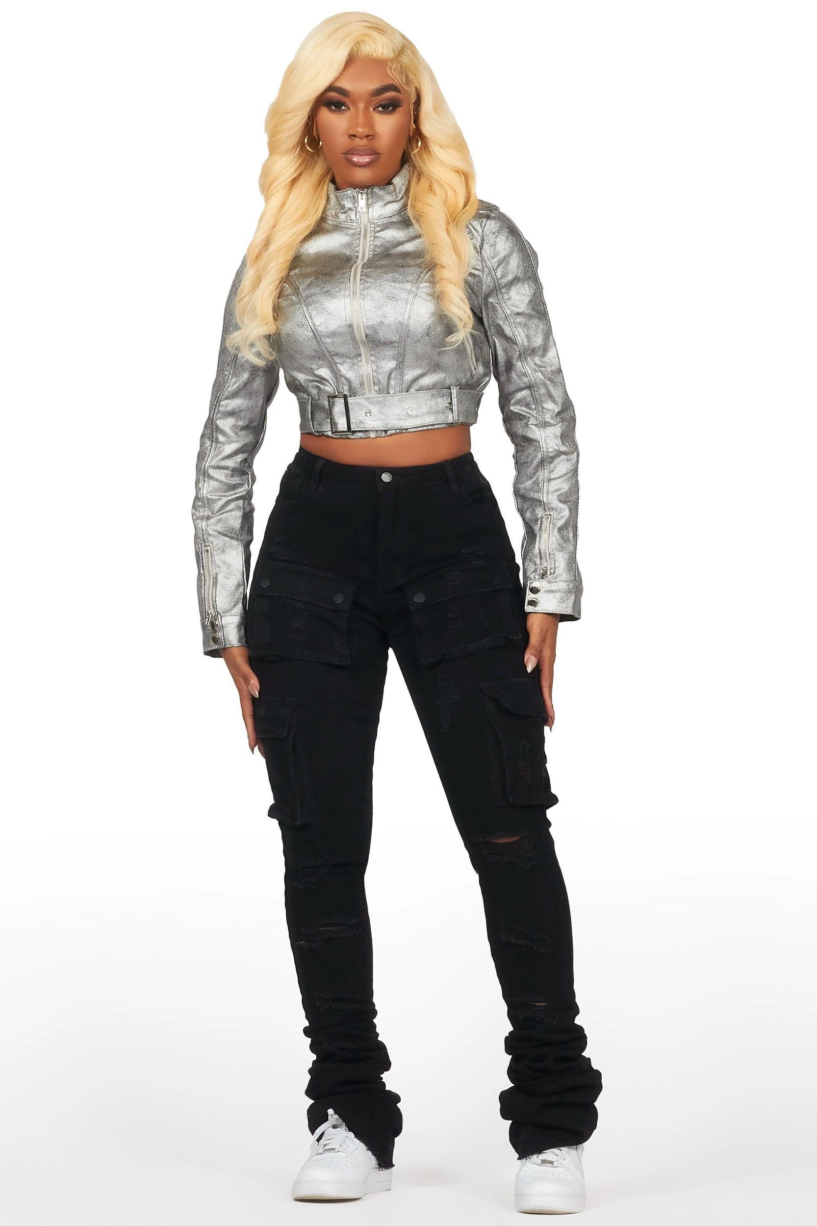 Teeoina Silver Coated Black Faux Leather Moto Jacket Female Product Image
