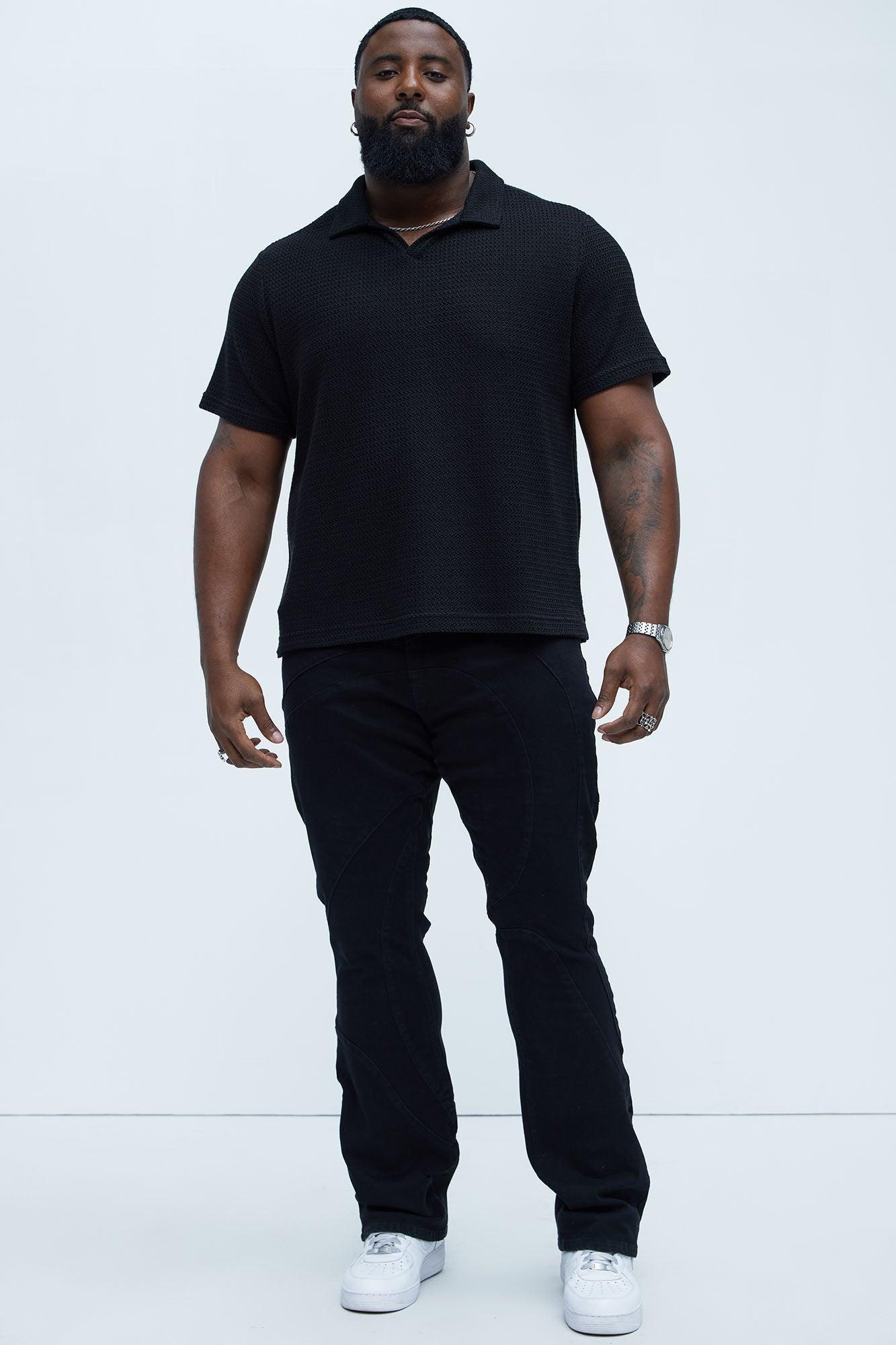 Raffia Texture Knit Johnny Collar Shirt - Black Product Image
