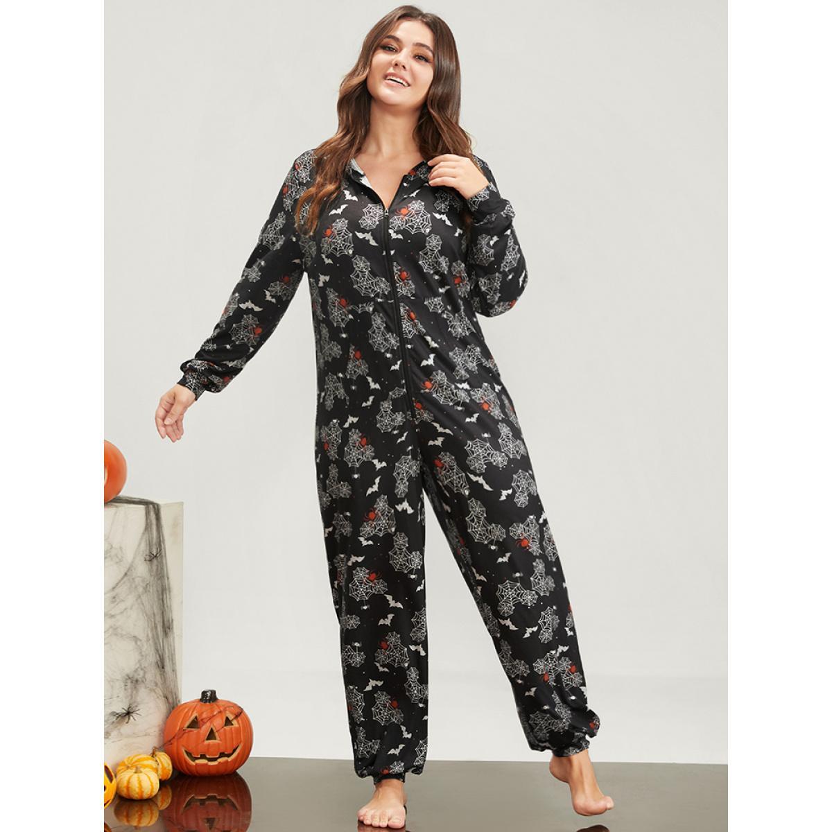 Plus Size Halloween Print Pocket Zip Up Jumpsuit Women Black Elegant Graphic-Halloween Zipper Hooded Pocket Loungewear BloomChic 22-24/3X Product Image