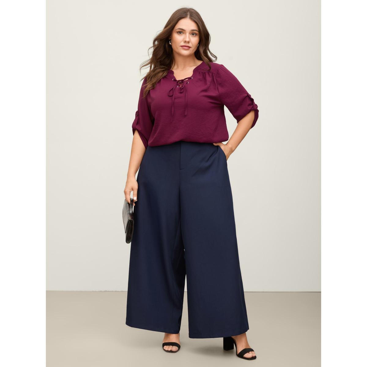 Plus Size Elastic Back Waist Metal Buckle Pants Women Indigo Loose Mid Rise Work Pants BloomChic 14-16/1X Product Image