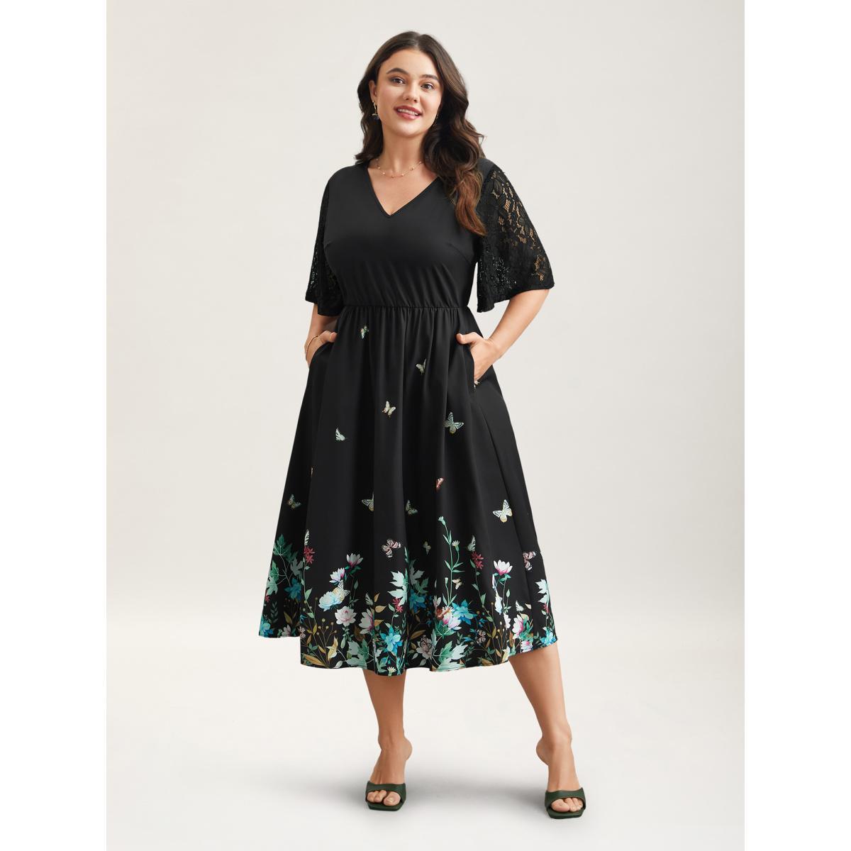 Plus Size Gardenia Print Waist-Cinched Lace Midi Dress Black Women Elegant Texture V-neck Short sleeve Curvy BloomChic 22-24/3X Product Image