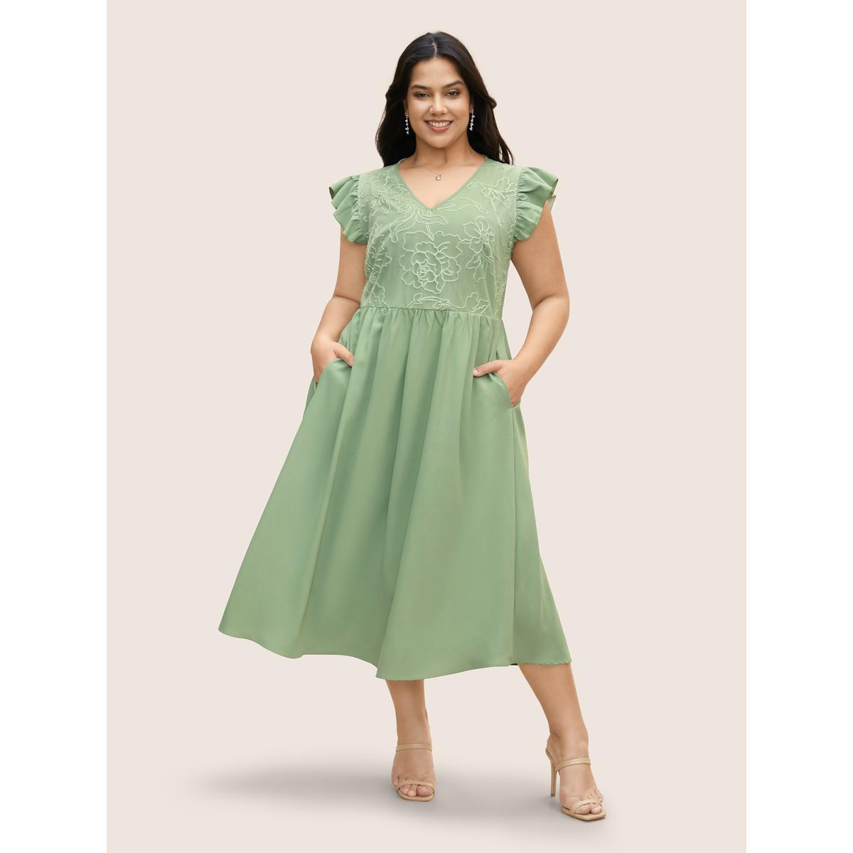 Plus Size Synthetic Texture Ruffle Cap Sleeve Dress Palemauve Women Elegant Texture V-neck Cap Sleeve Curvy BloomChic 10/M Product Image