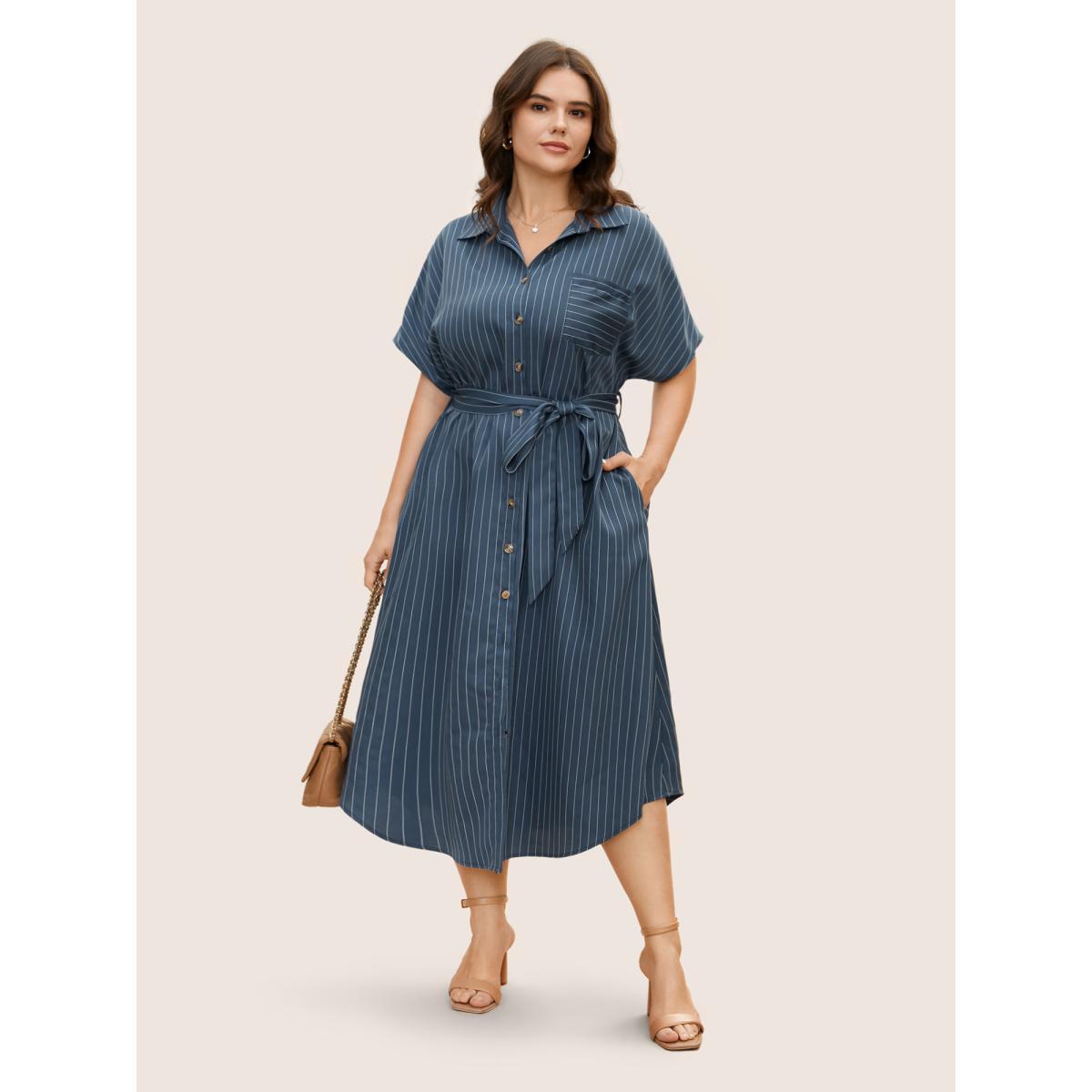 Plus Size Shirt Collar Striped Curved Hem Midi Dress Mediumblue Women At the Office Shirt collar Short sleeve Curvy BloomChic 18-20/2X Product Image