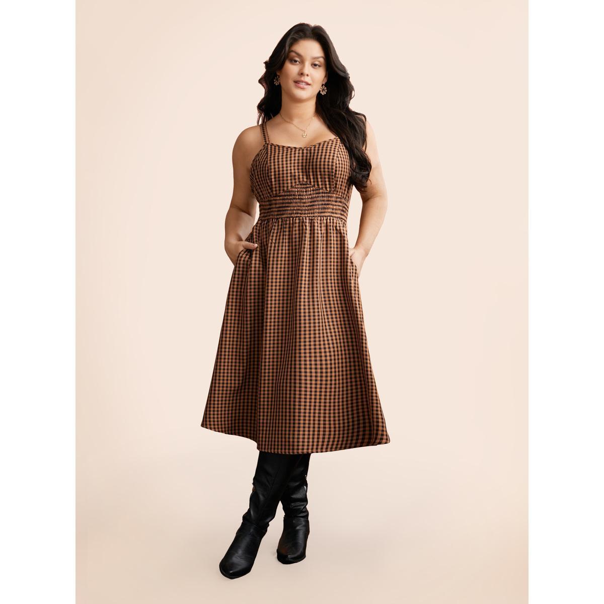 Plus Size Cami Pumpkin Color Grid Waist Midi Dress Brightorange Women Cocktail Shirred Party Curvy Bloomchic 26/4X Product Image