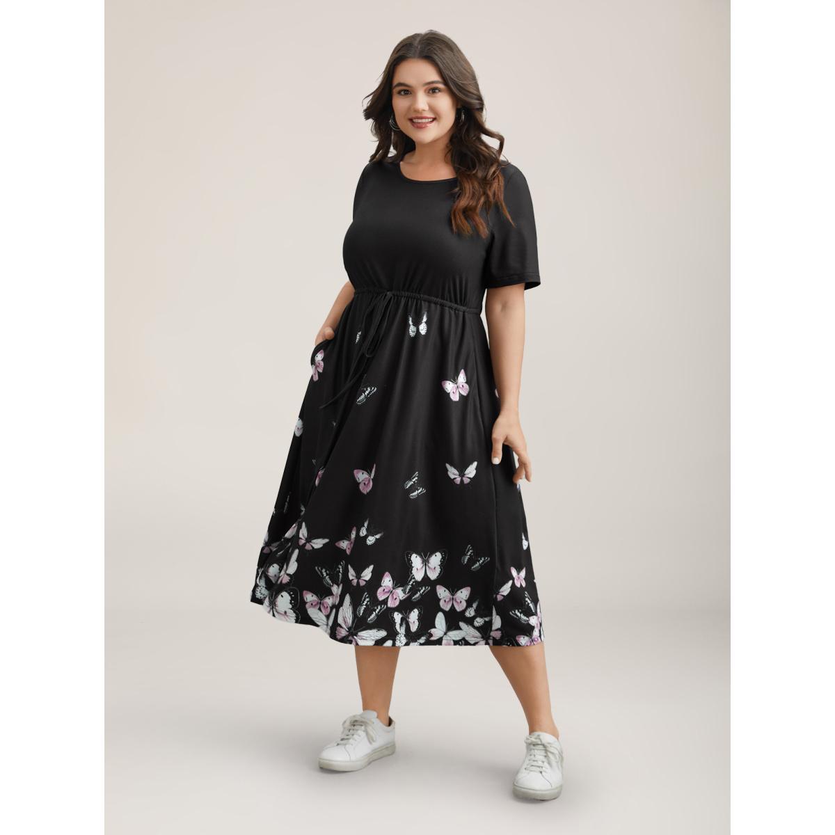 Plus Size Butterfly Print Waist-Tie Midi Dress BlackFlower Women Casual Drawstring Knit Dresses Bloomchic 22-24/3X Product Image