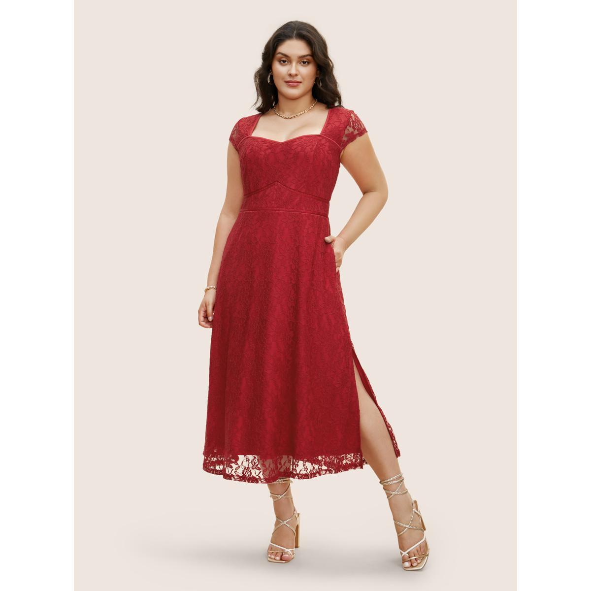 Plus Size Lace Panel Heart Neckline Split Side Dress Burgundy Women Cocktail Heart neckline Cap Sleeve Curvy BloomChic 18-20/2X Product Image