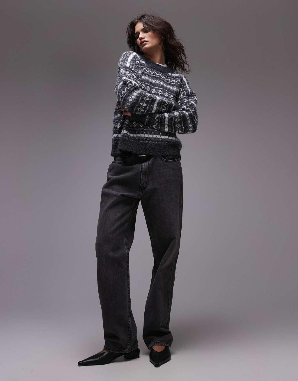 Topshop knitted all over fairisle print oversized sweater in gray Product Image