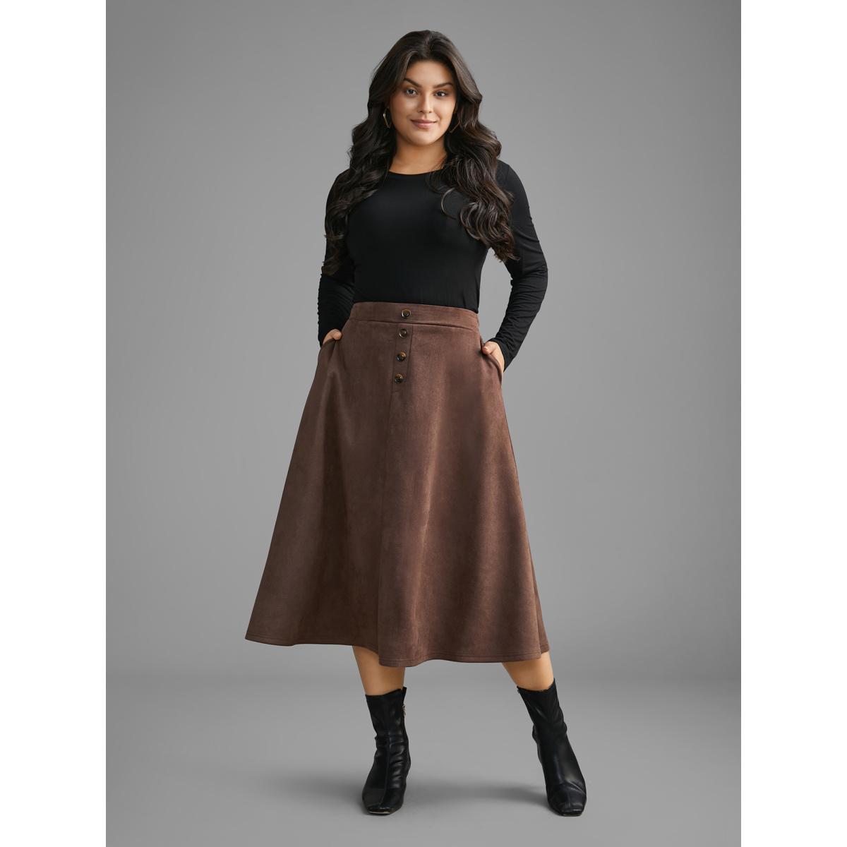 Plus Size Faux Suede Button Detail Pocket Skirt Women DarkBrown Elegant Button Loose Low stretch Slanted pocket Everyday Skirts BloomChic 12/L Product Image
