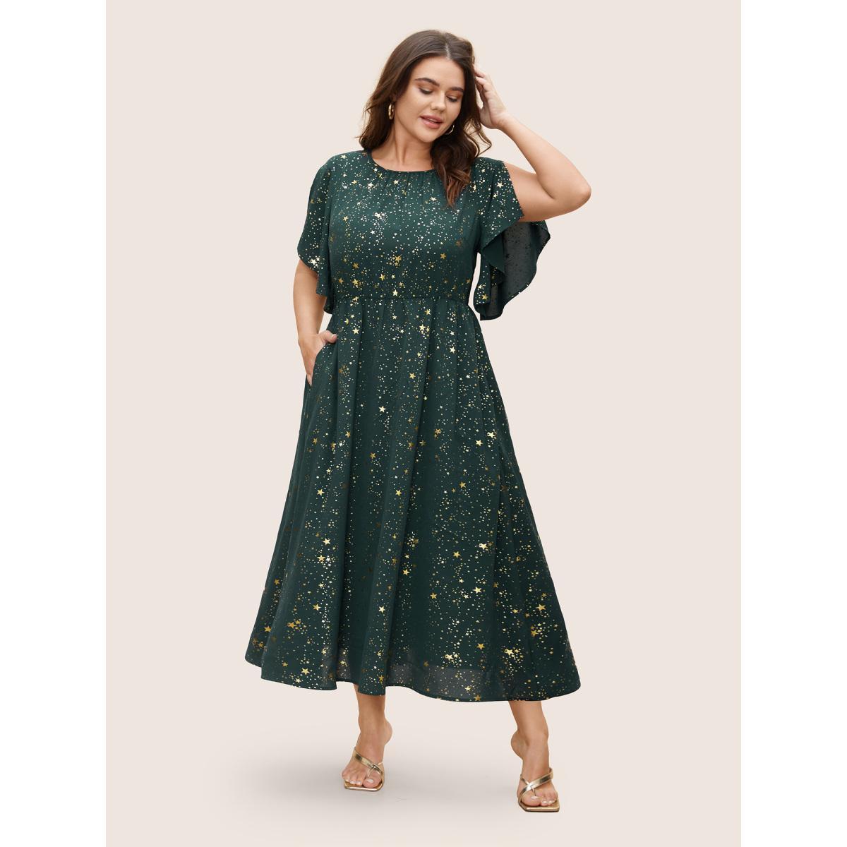 Plus Size Glitter Star Split Sleeve Midi Dress Mauve Women Elegant Gathered Round Neck Short sleeve Curvy BloomChic 12/L Product Image