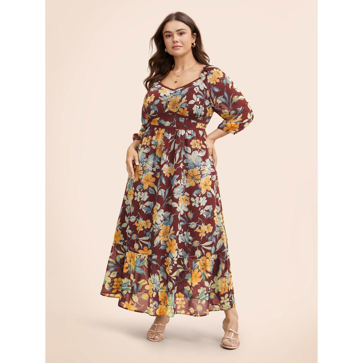 Plus Size Floral Heart Neckline Woven Ribbon Gathered Dress Burgundy Women Elegant Woven ribbon&lace trim Heart neckline Elbow-length sleeve Curvy BloomChic 26/4X Product Image