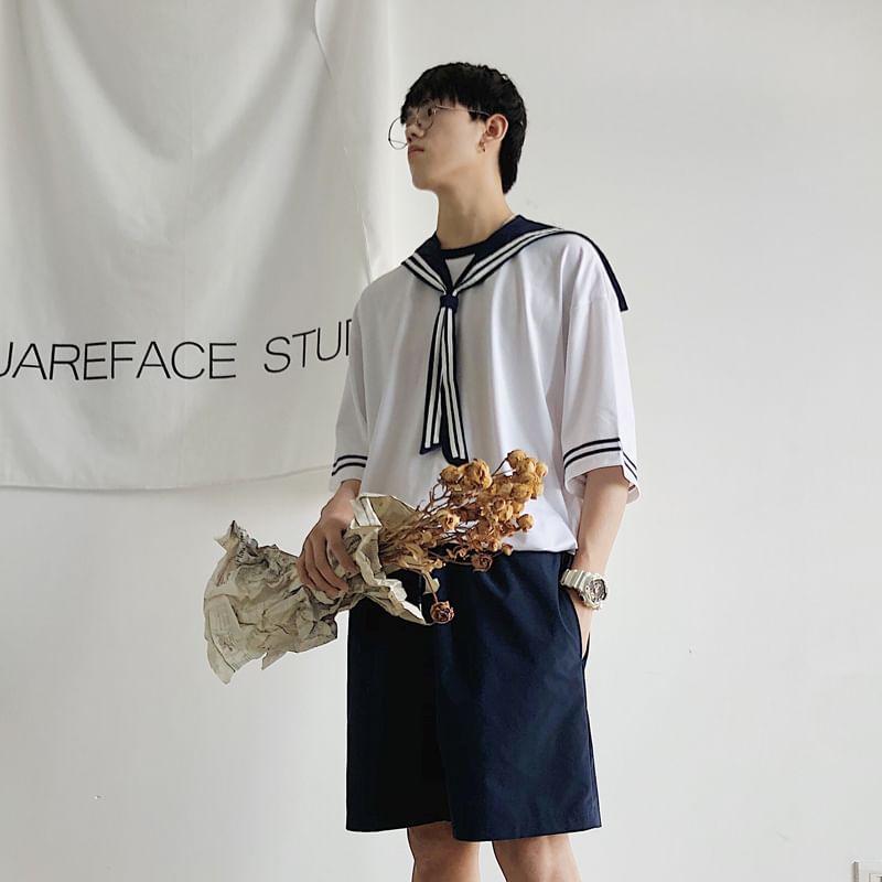 Set: Short-Sleeve Sailor Collar Striped Top + Elastic Waist Plain Shorts Product Image
