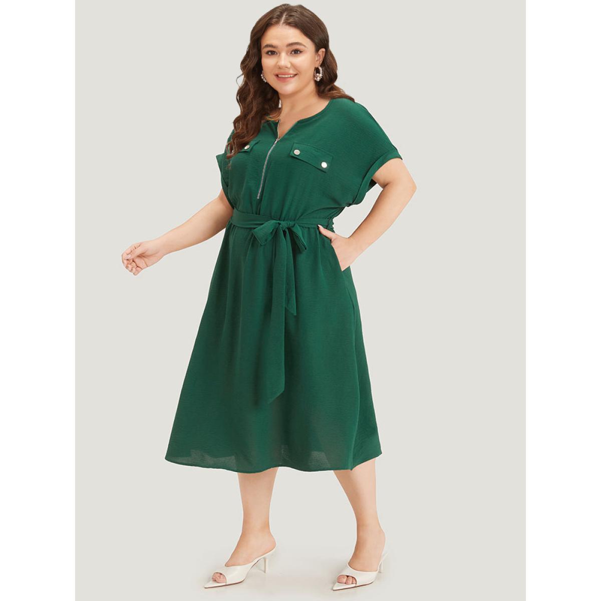 Plus Size Plain Zipper Pocket Button Detail Belted Roll Dress DarkGreen Women Office Plain Round Neck Short sleeve Curvy Midi Dress BloomChic 12/L Product Image