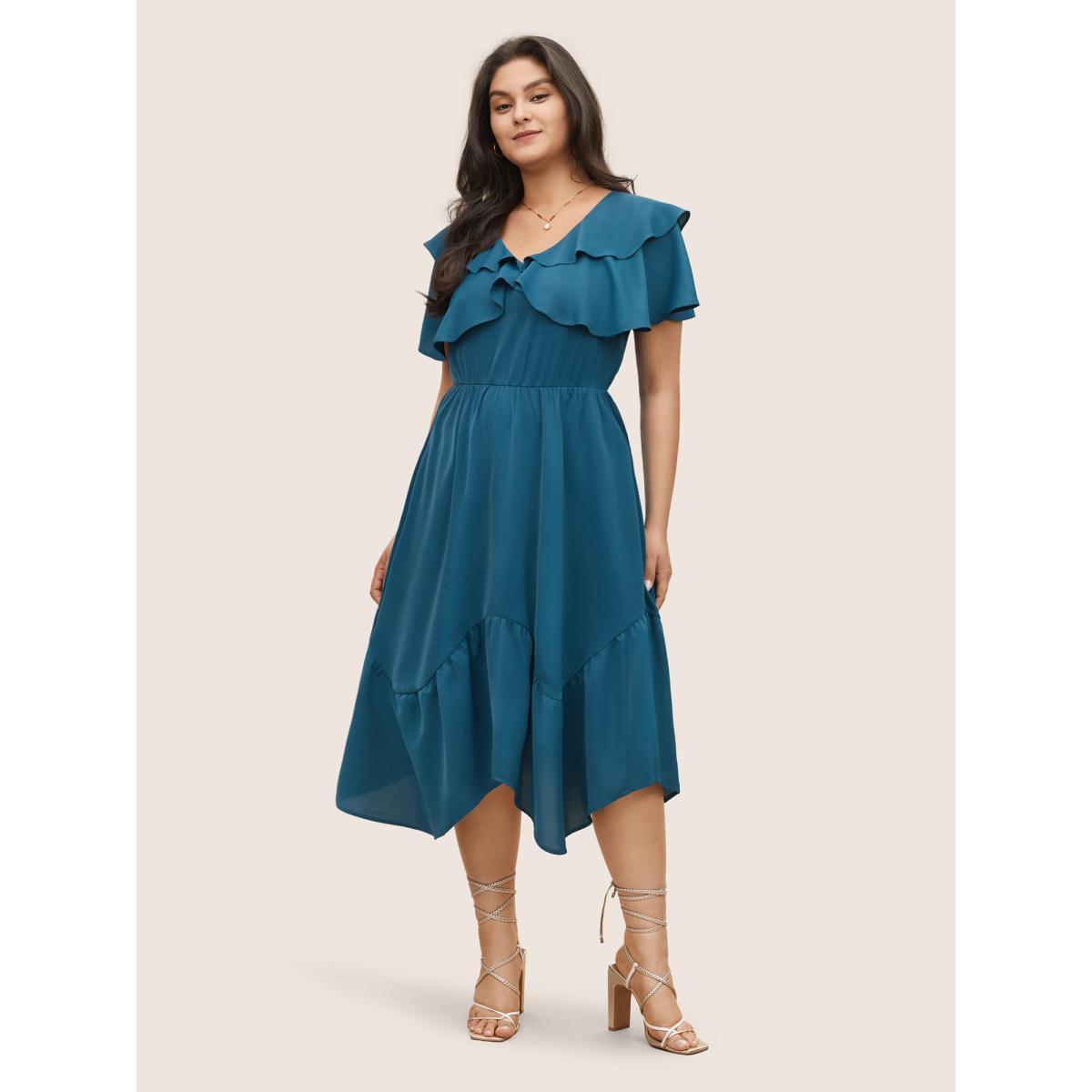 Plus Size Tiered Ruffle Cap Sleeve Asymmetrical Hem Dress Aegean Women Elegant Non V-neck Cap Sleeve Curvy Midi Dress BloomChic 12/L Product Image
