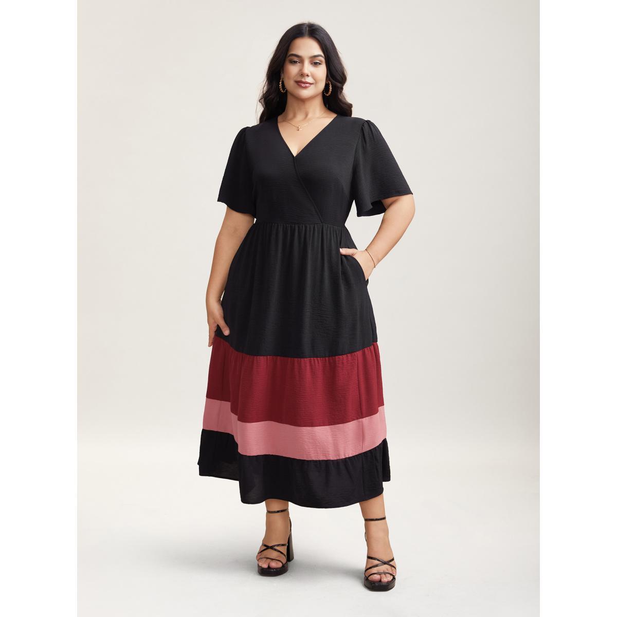 Plus Size Color Contrast Flutter Sleeve Tiered Midi Dress Scarlet Women Elegant Gathered Overlap Collar Short sleeve Curvy BloomChic 22-24/3X Product Image