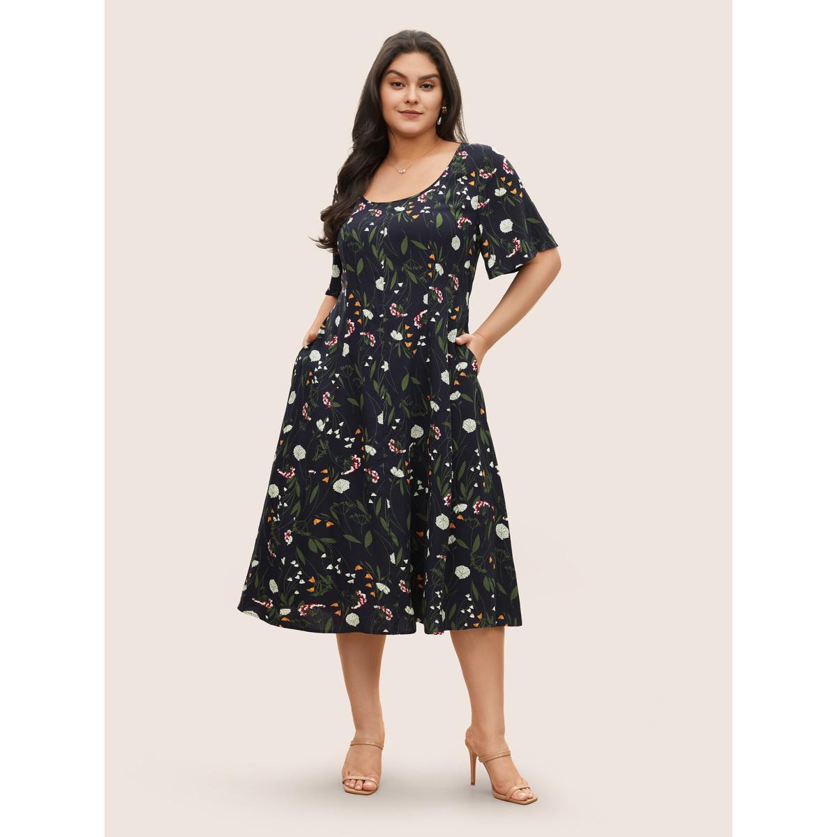 Plus Size Floral Print Patchwork Scoop Neck Dress Indigo Women Elegant Non Short sleeve Curvy Midi Dress BloomChic 12/L Product Image
