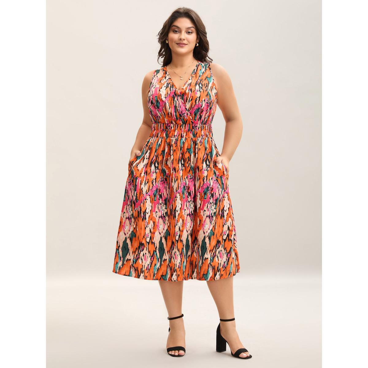 Plus Size Spring Fling Shirred Waist Pockets Midi Dress OrangeRed Women Overlap Collar Sleeveless Curvy BloomChic 18-20/2X Product Image