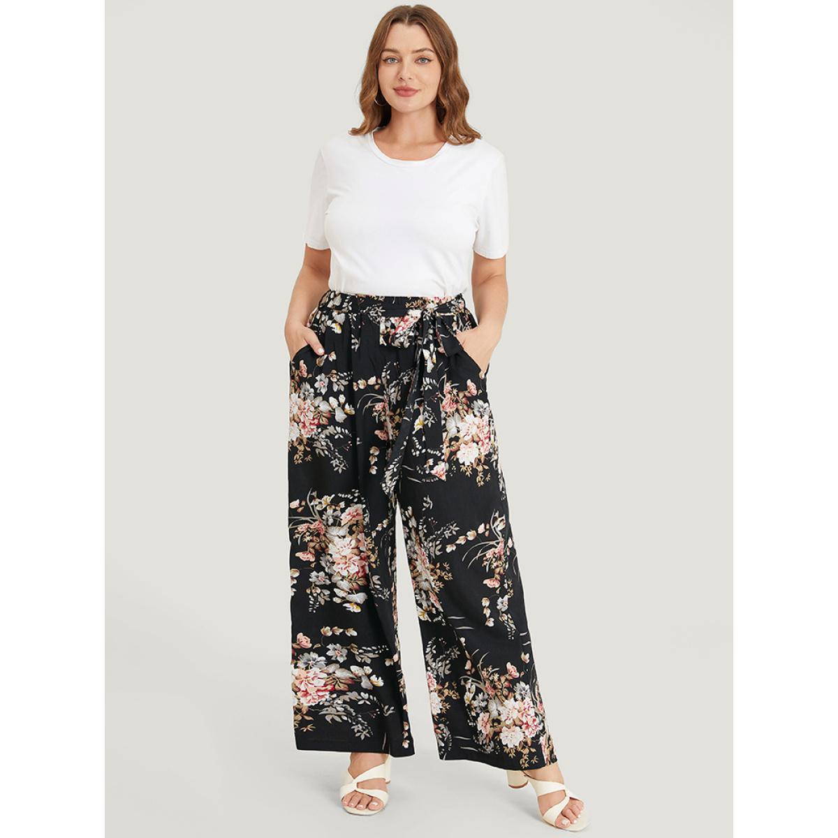 Plus Size Floral Pocket High Rise Wide Leg Belt Pants Women BlackFlower Elegant Loose High Rise Dailywear Pants BloomChic 10/M Product Image