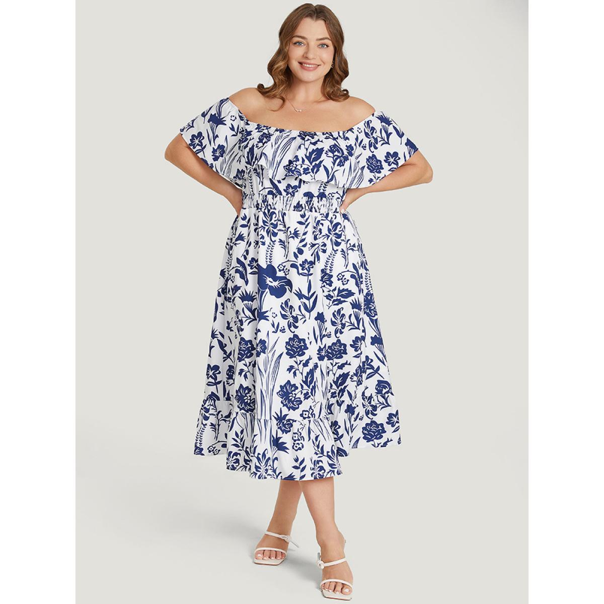 Plus Size Floral Ruffle Trim Square Neck Shirred Pocket Dress Blue Women Elegant Lined Square Neck Short sleeve Curvy Midi Dress BloomChic 12/L Product Image