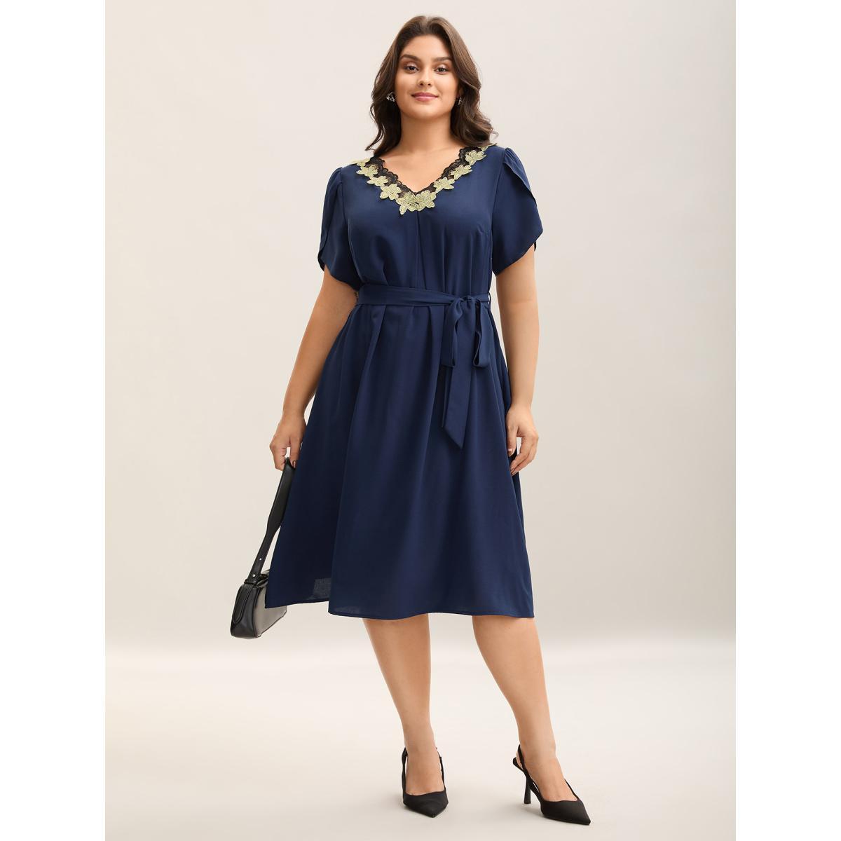 Plus Size Petal Sleeve Waist-Tie Lace Midi Dress Navy Women Elegant Woven ribbon&lace trim V-neck Short sleeve Curvy BloomChic 22-24/3X Product Image