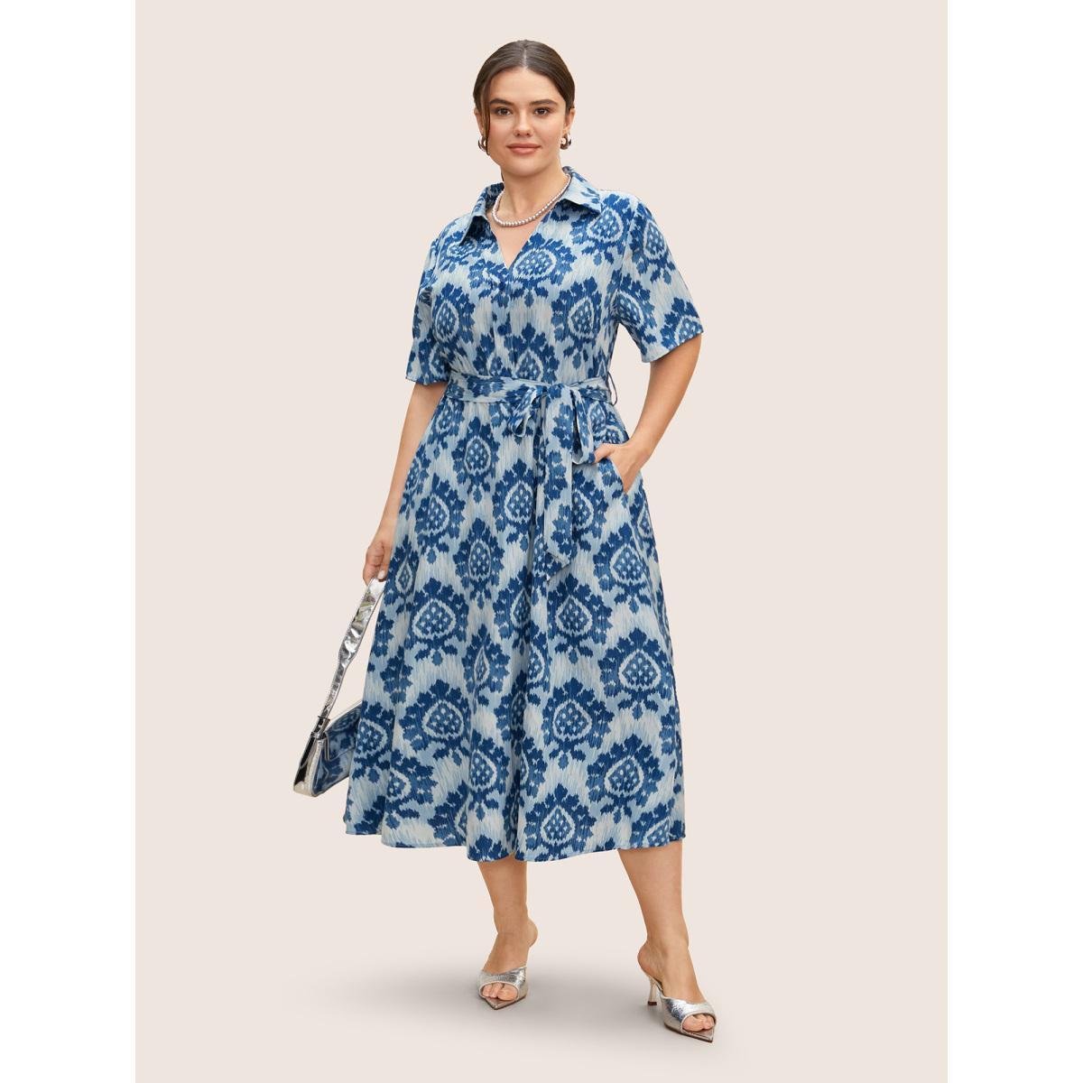 Plus Size Bandana Print Shirt Collar Belted Midi Dress LightBlue Women At the Office Belted Shirt collar Short sleeve Curvy BloomChic 18-20/2X Product Image
