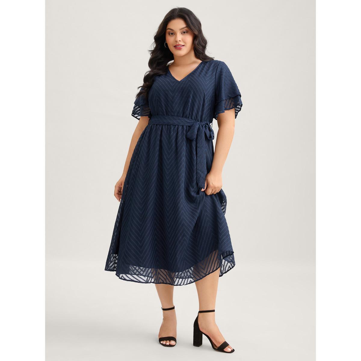 Plus Size Texture Tiered Ruffle Sleeve See Through Dress Navy Women Elegant Texture V-neck Half Sleeve Curvy BloomChic 22-24/3X Product Image