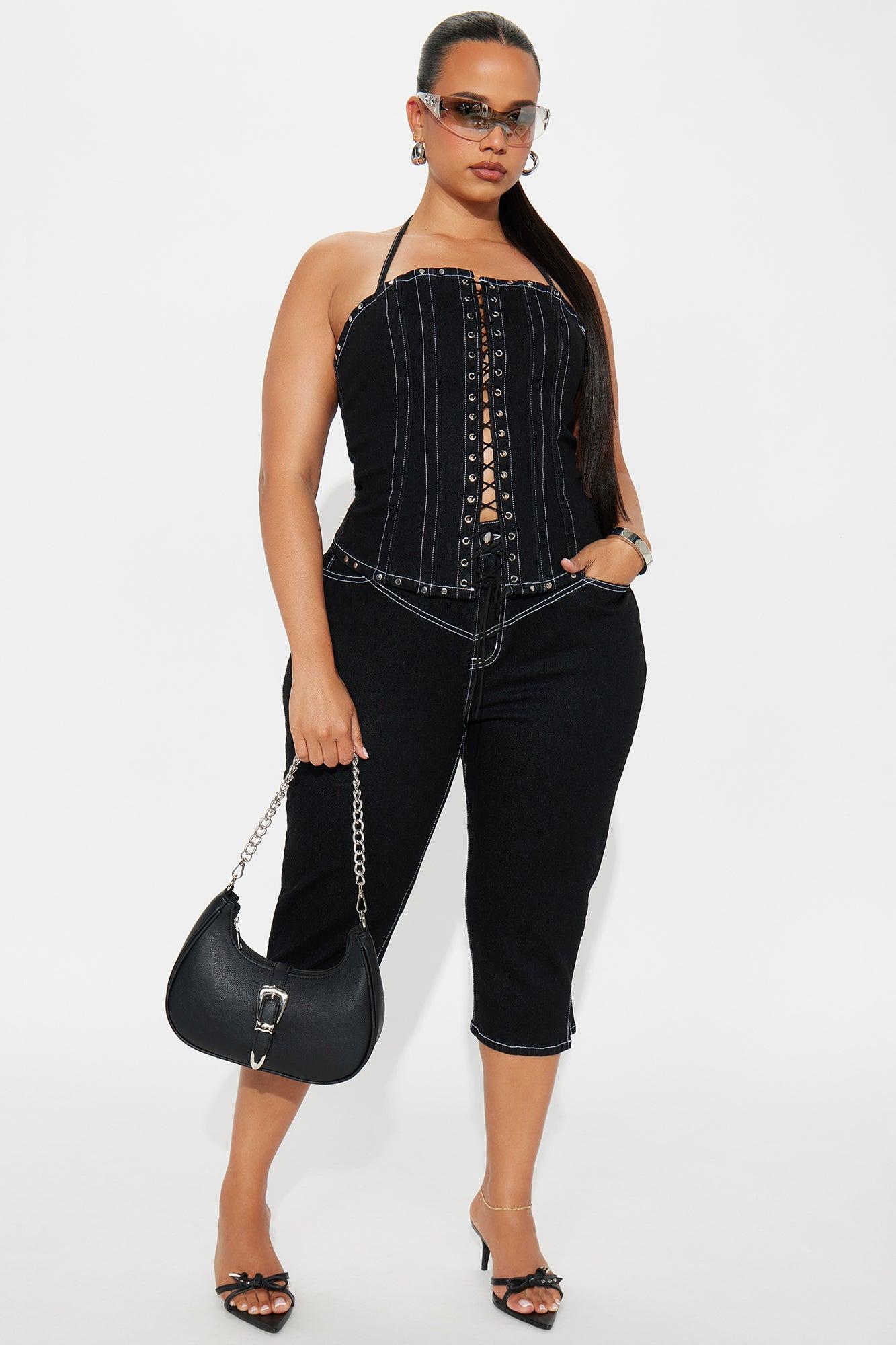 After Dark Lace Up Corset Capri Pant Set  - Black Product Image