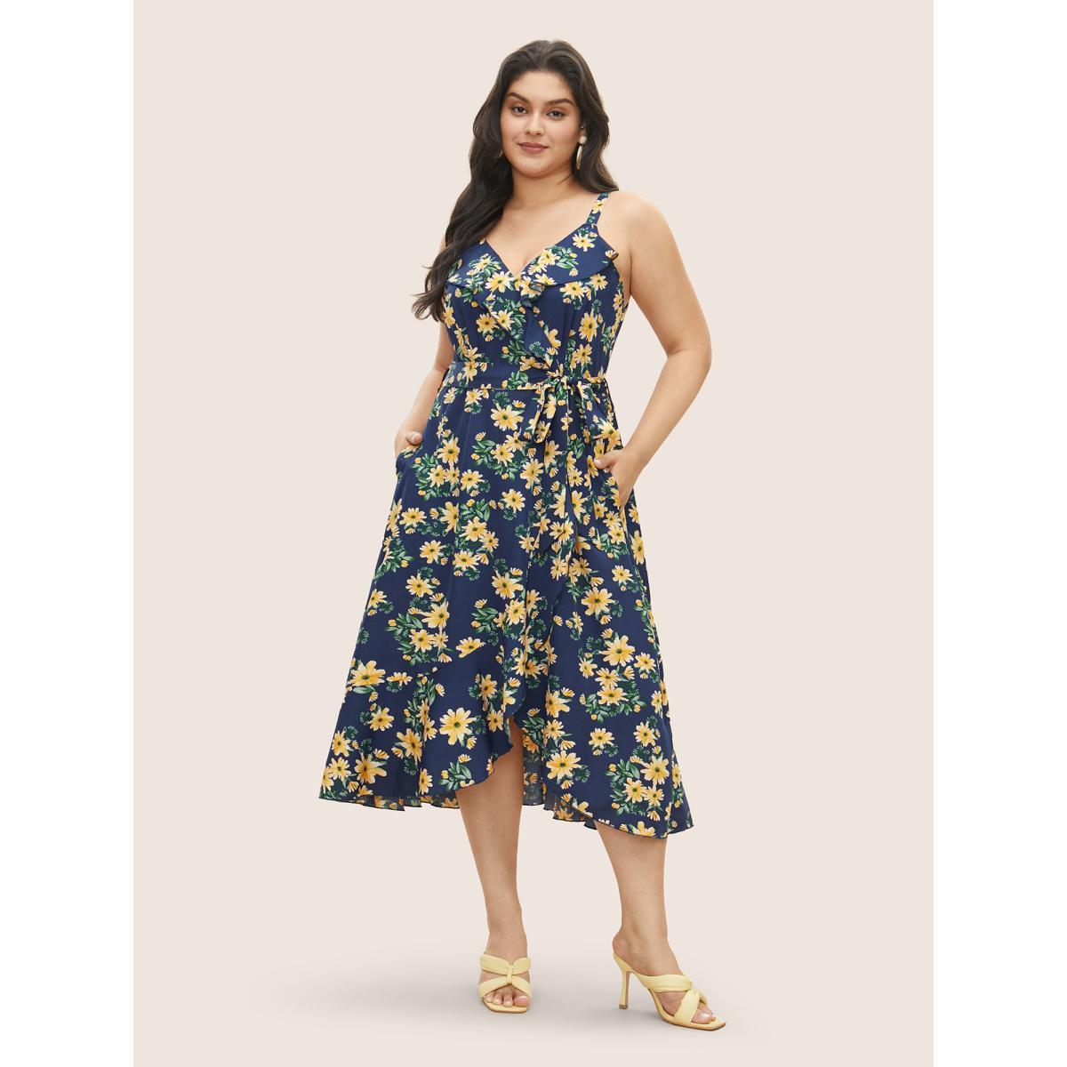 Plus Size Floral Print Ruffle Trim Belted Cami Dress DarkBlue Women Elegant Belted Non Sleeveless Curvy Midi Dress BloomChic 12/L Product Image