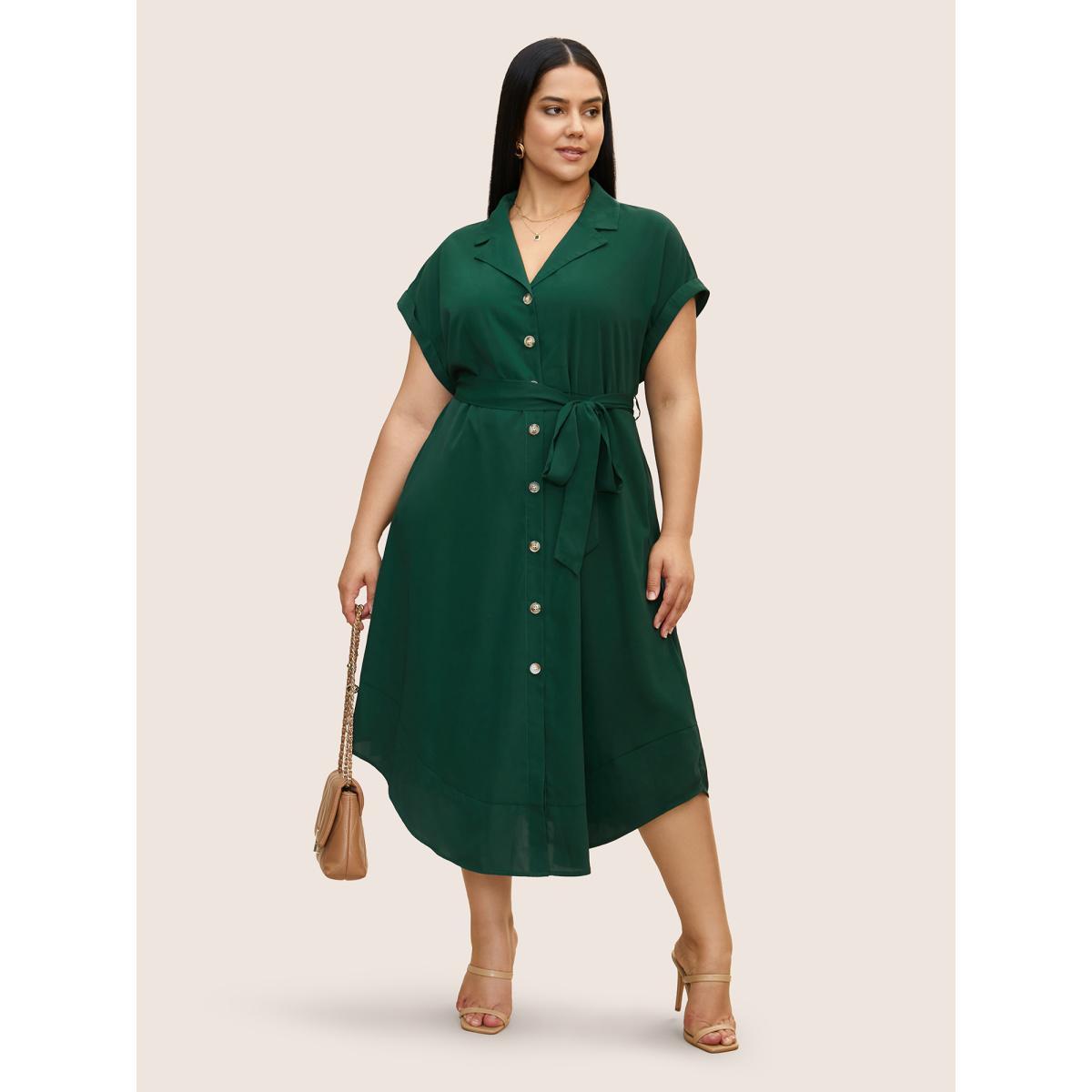 Plus Size Suit Collar Button Detail Batwing Sleeve Dress DarkGreen Women At the Office Belted Suit Collar Cap Sleeve Curvy BloomChic 14-16/1X Product Image