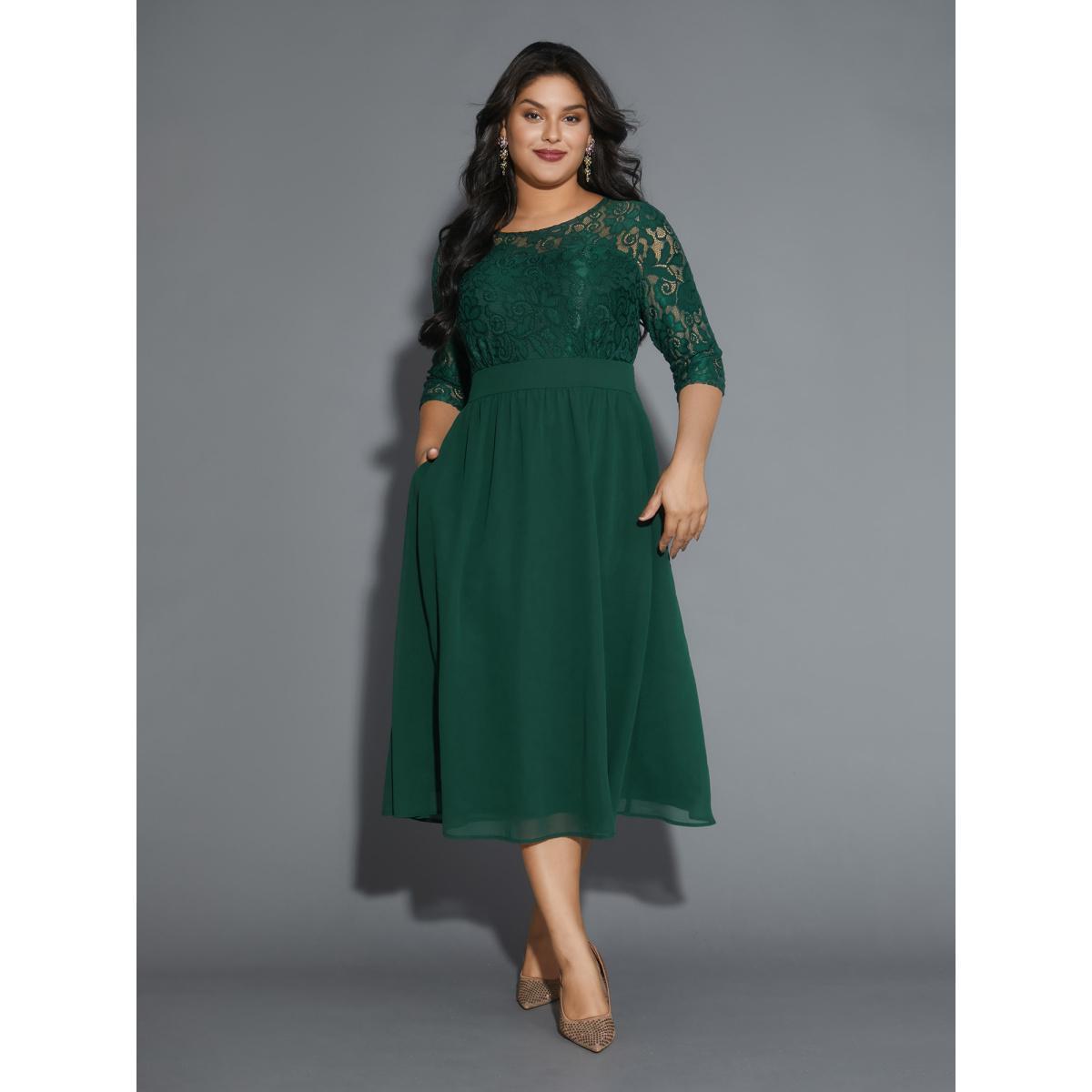 Plus Size Lace Patchwork Shirred Midi Pocket Dress DarkGreen Women Cocktail Woven ribbon&lace trim Round Neck Elbow-length sleeve Curvy BloomChic 14-16/1X Product Image
