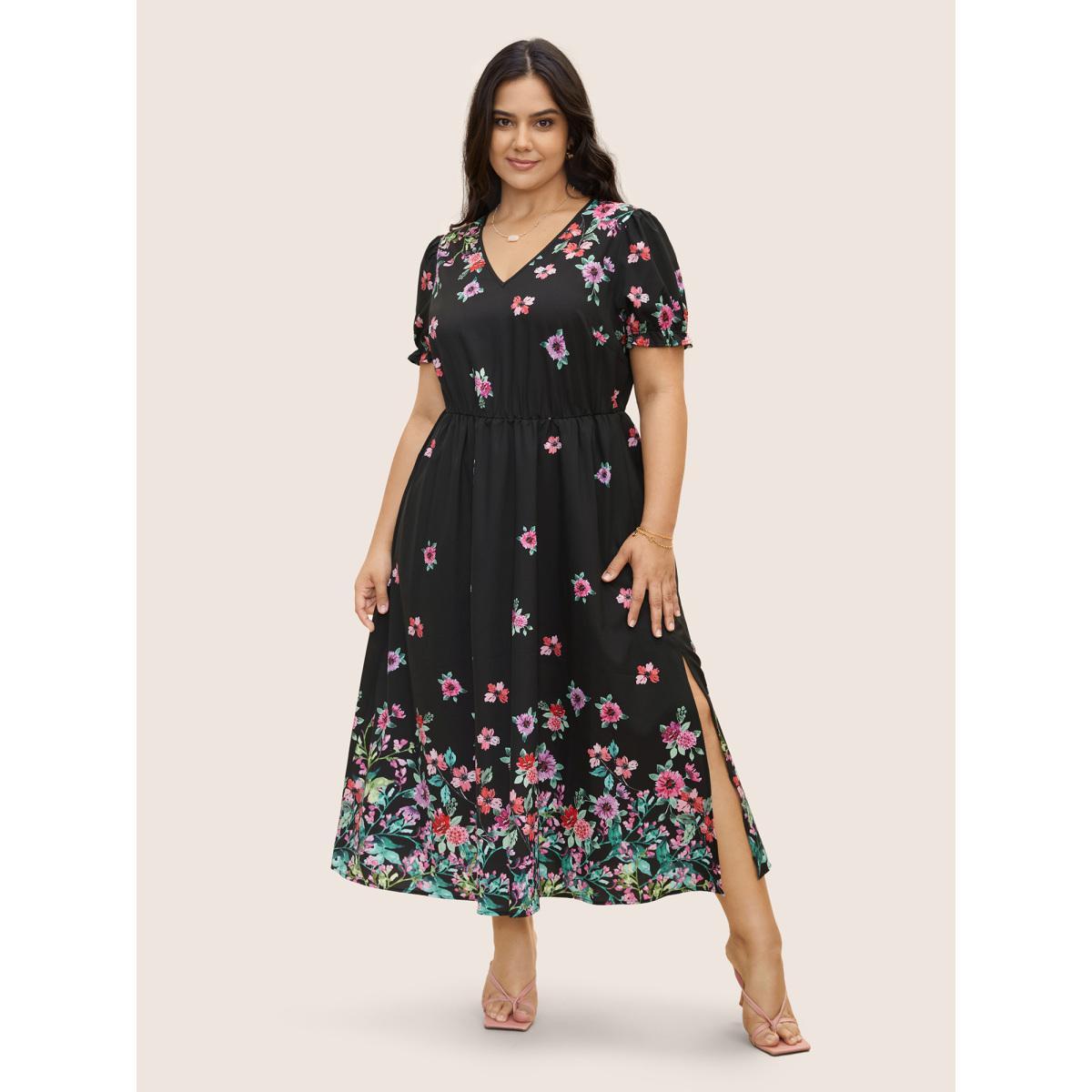 Plus Size Boho Print V Neck Elastic Waist Dress Black Women Elegant Gathered V-neck Short sleeve Curvy BloomChic 26/4X Product Image